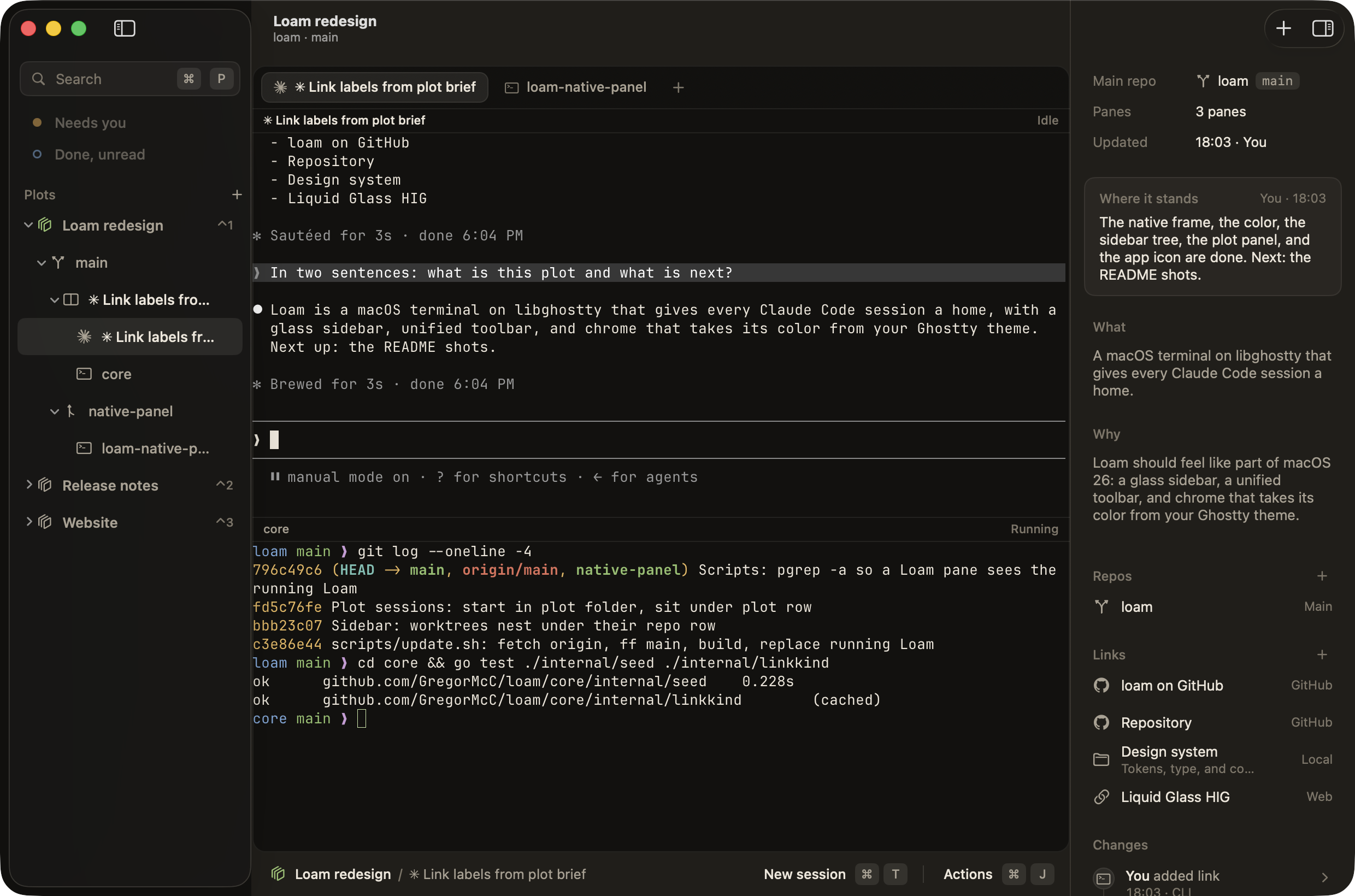The Loam window. The sidebar shows plots as a tree of checkouts, worktrees, and panes. A Claude Code session and a shell sit in a split. The plot panel on the right shows the brief, repos, links, and the change log.