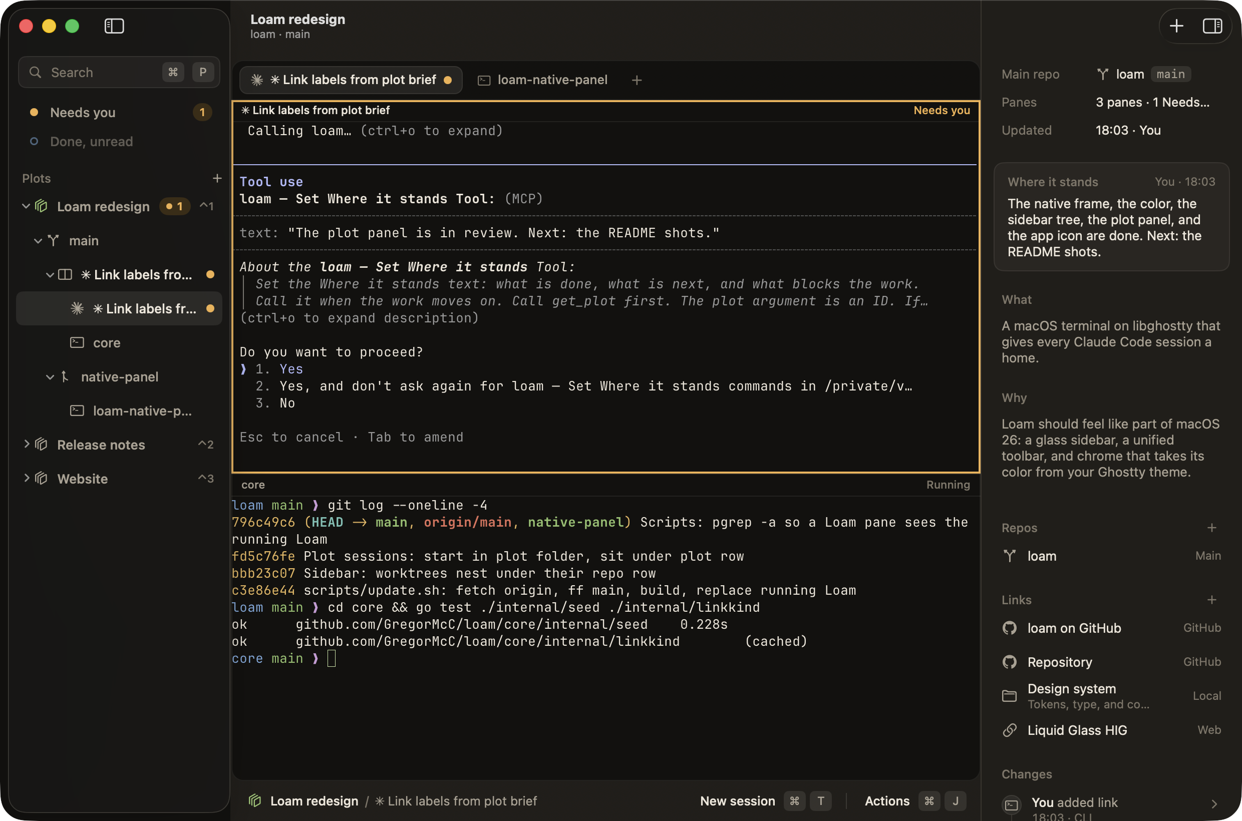 A Claude Code session waits at a permission prompt for the Loam tool that sets Where it stands. Its pane has an amber ring, the sidebar lists it under Needs you, and the plot row shows a count of 1.