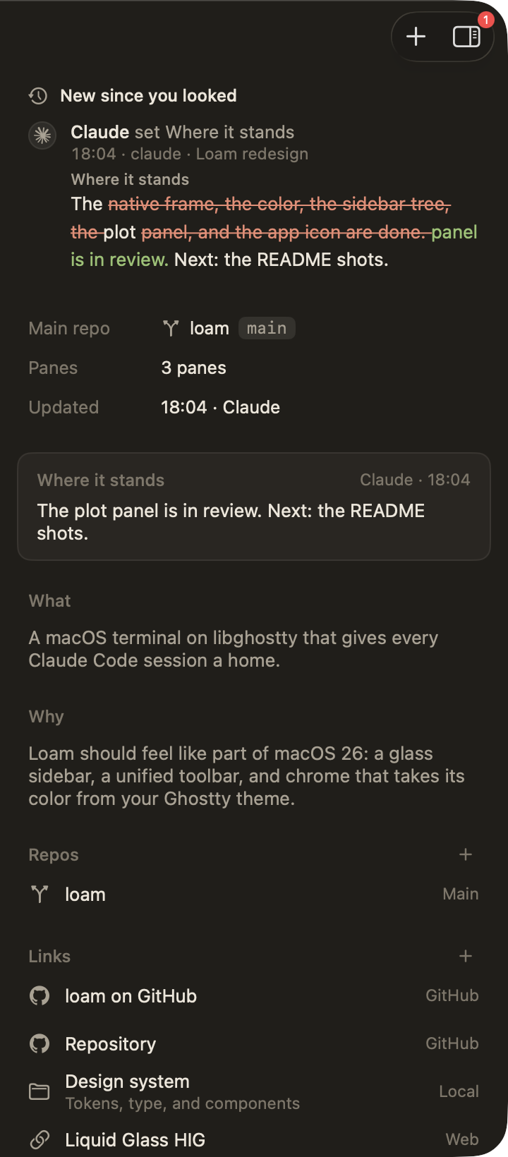The plot panel: a change by Claude to Where it stands under New since you looked, with the word diff and Undo, then the brief, repos, links, and the change log.