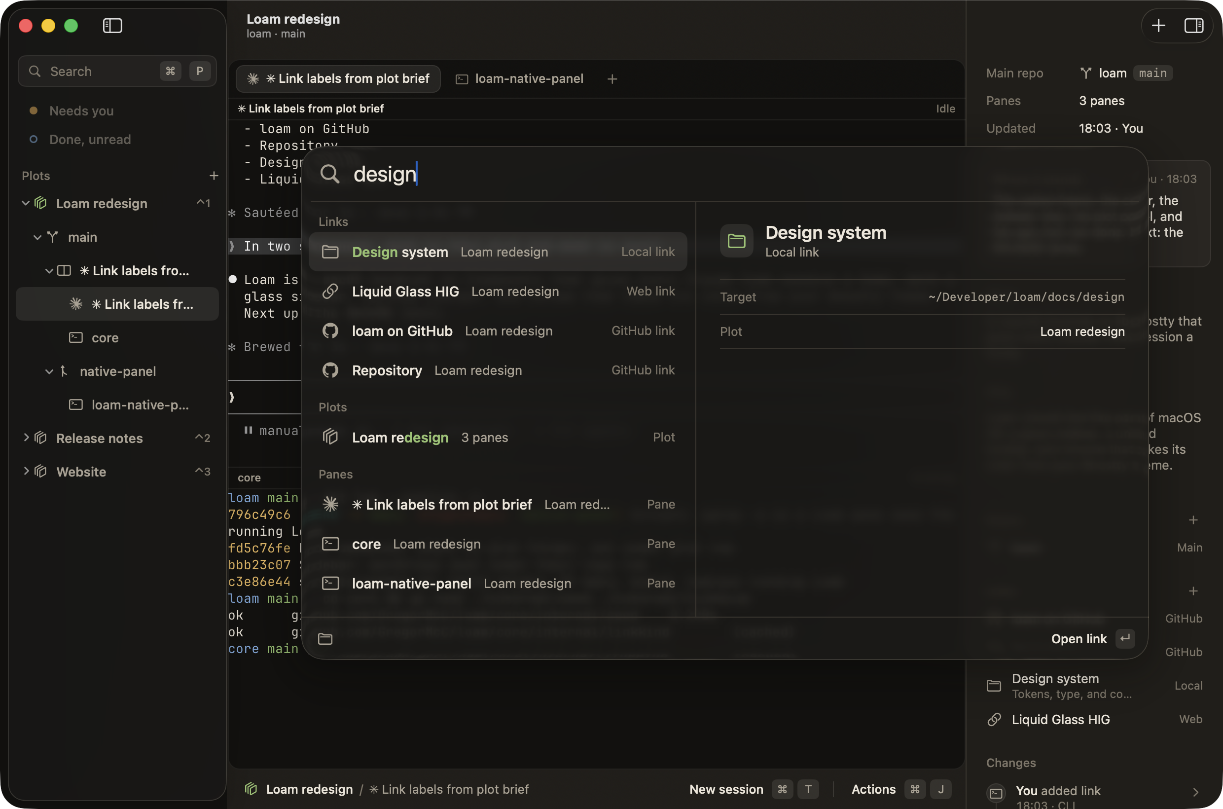 The quick switcher over the Loam window. The query design matches a link, the plot, and its panes.